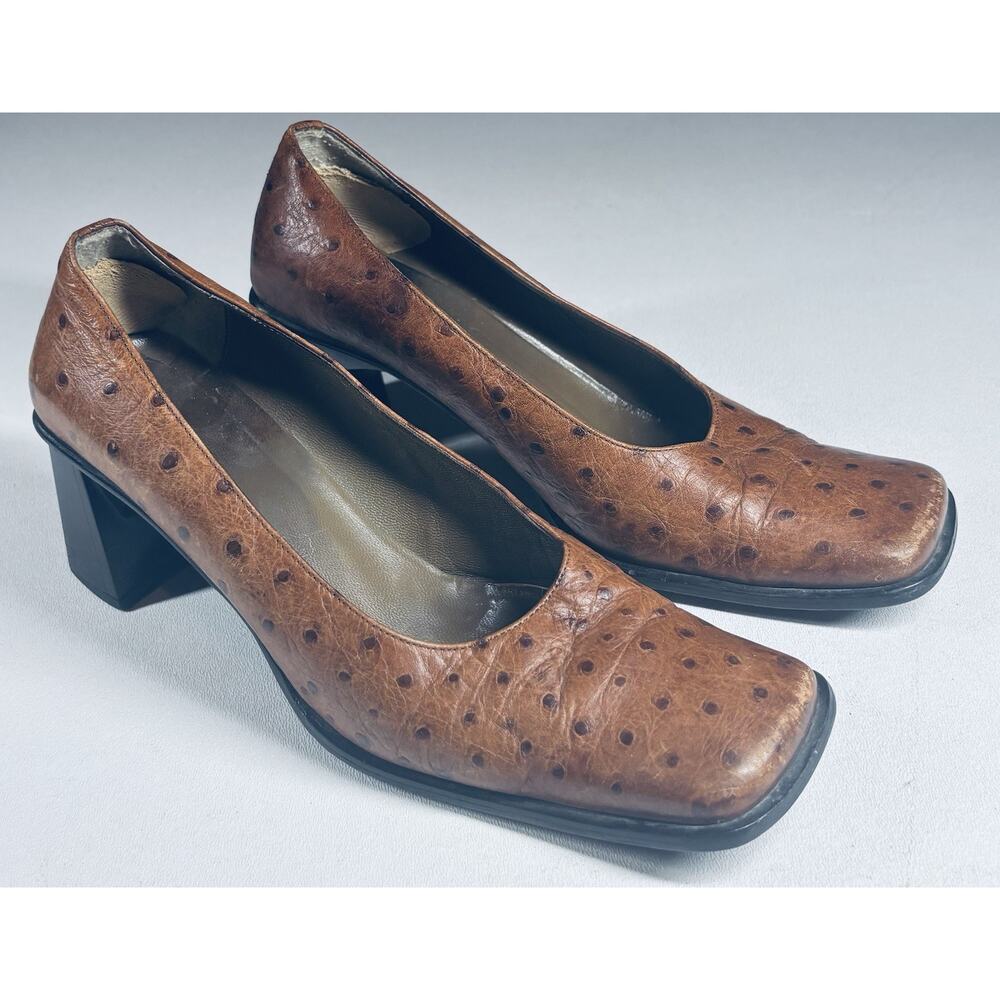 Italian Made VTG Ostrich Embossed Block Heel Pumps Sz 8 Square Toe Leather Y2K
